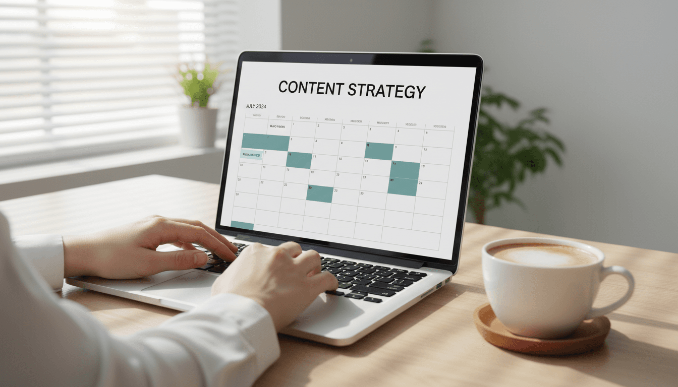 Hands typing on a laptop with a content calendar on screen