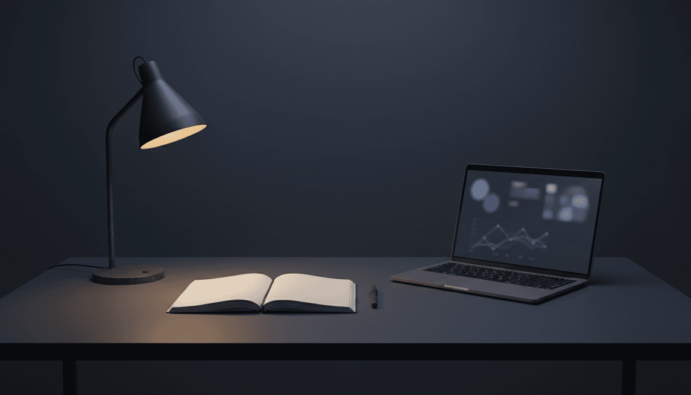 Clean desk with notebook and laptop showing analytics