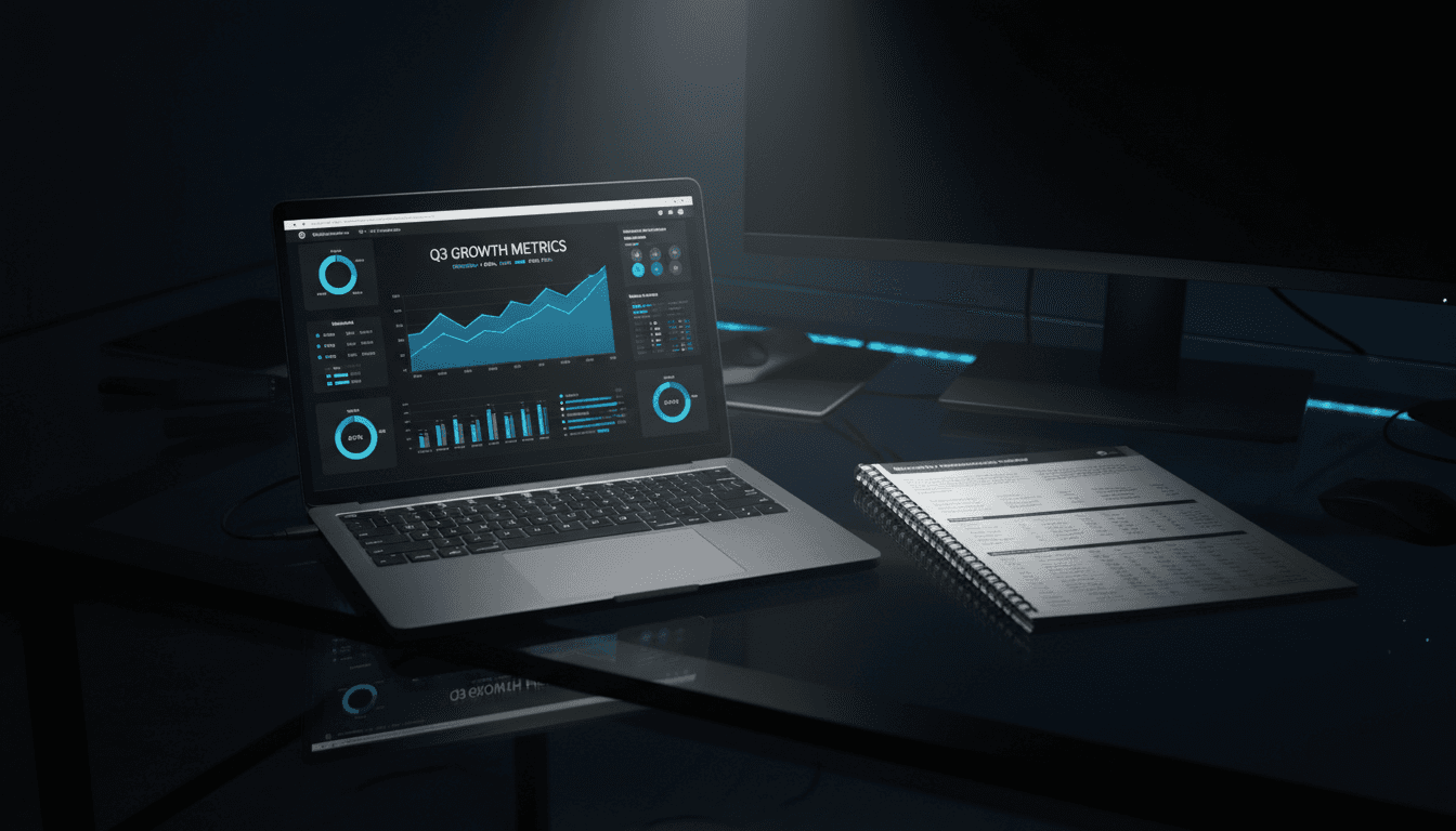 Laptop showing analytics dashboard with printed report