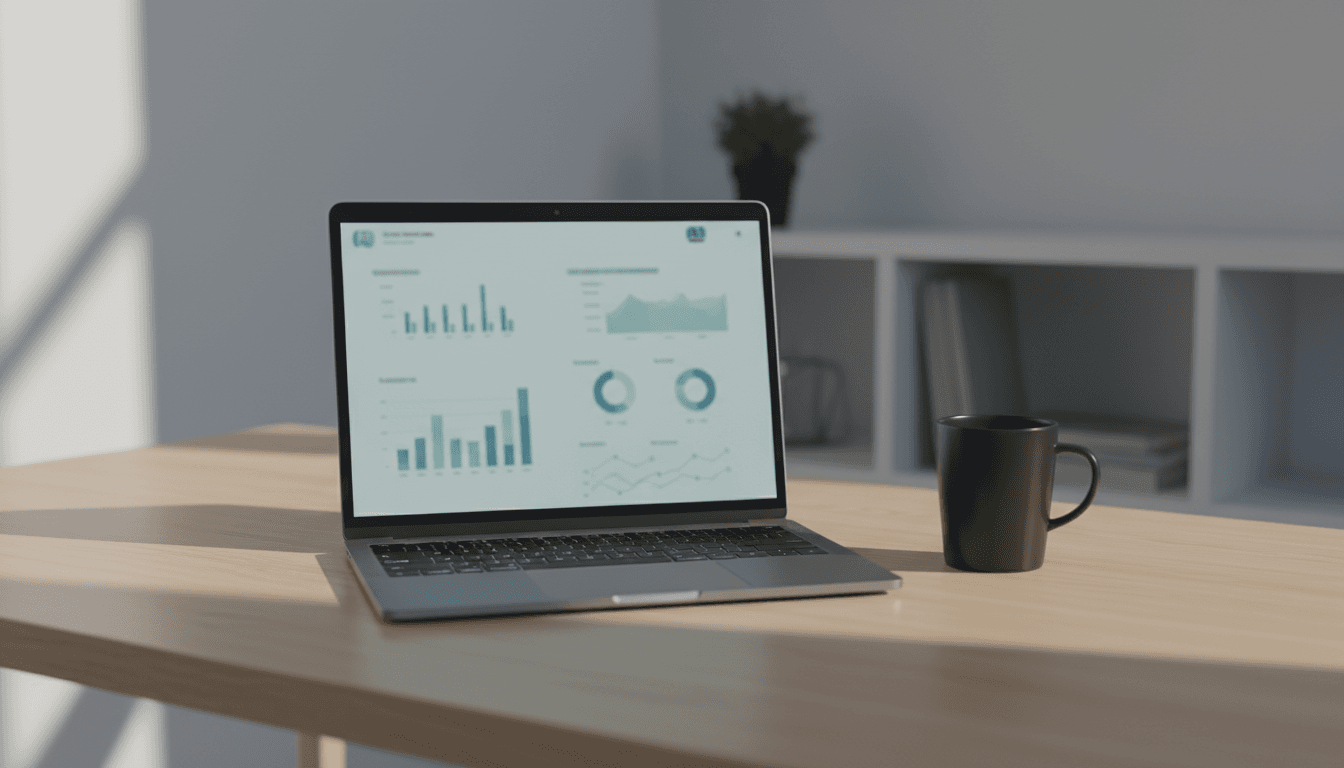 Laptop showing analytics dashboard on a clean wooden desk in a sunlit home office
