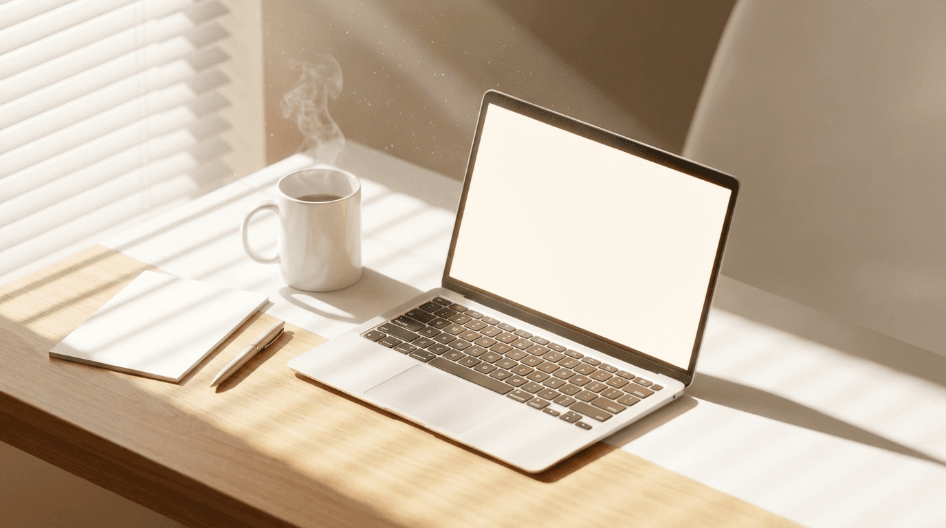 Clean desk setup with laptop and coffee, ready for a work session