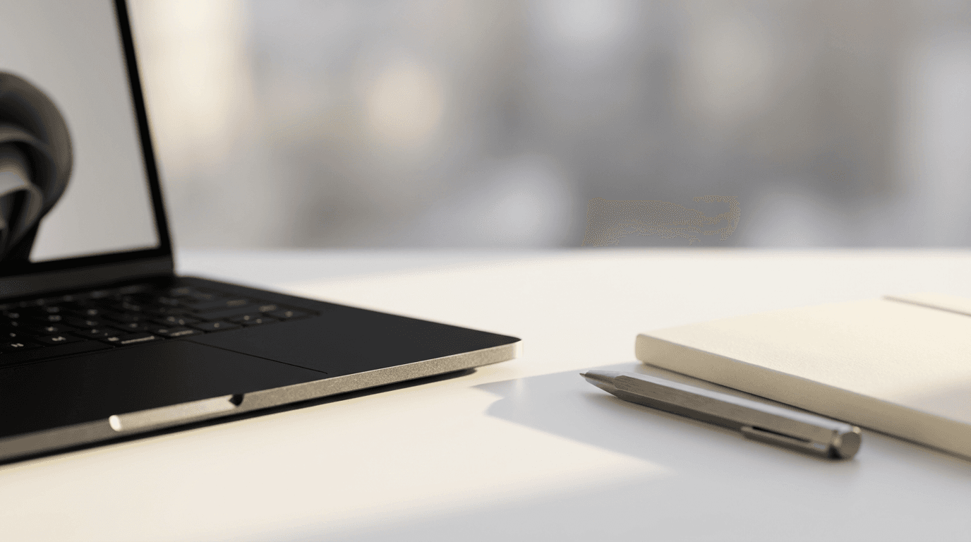 Minimalist workspace with a laptop and notebook