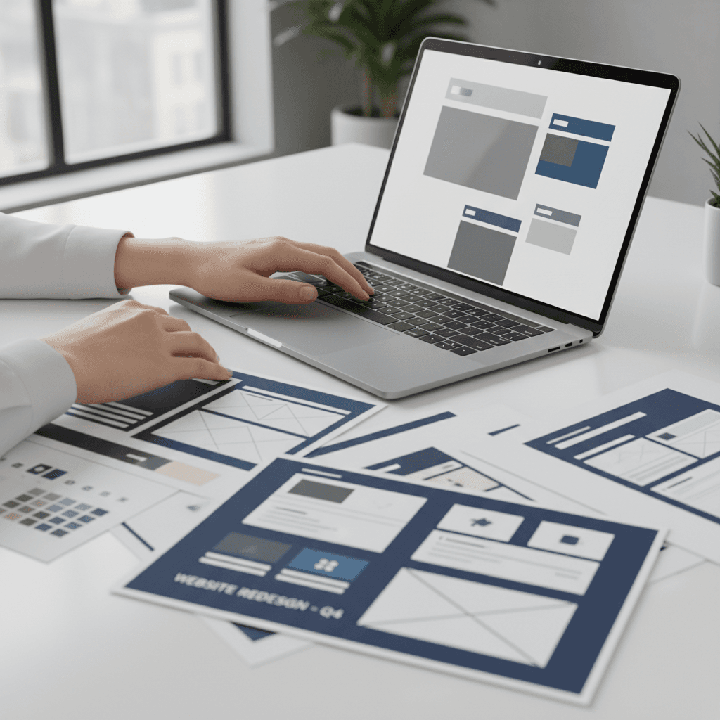 Web designer typing on a laptop with a wireframe on screen