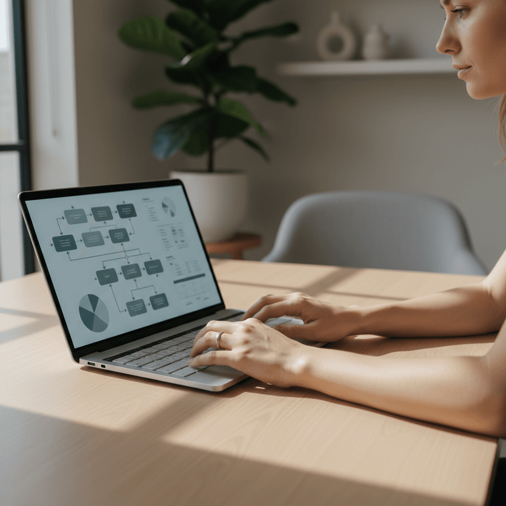 Business owner reviewing growth data on a laptop in a bright office
