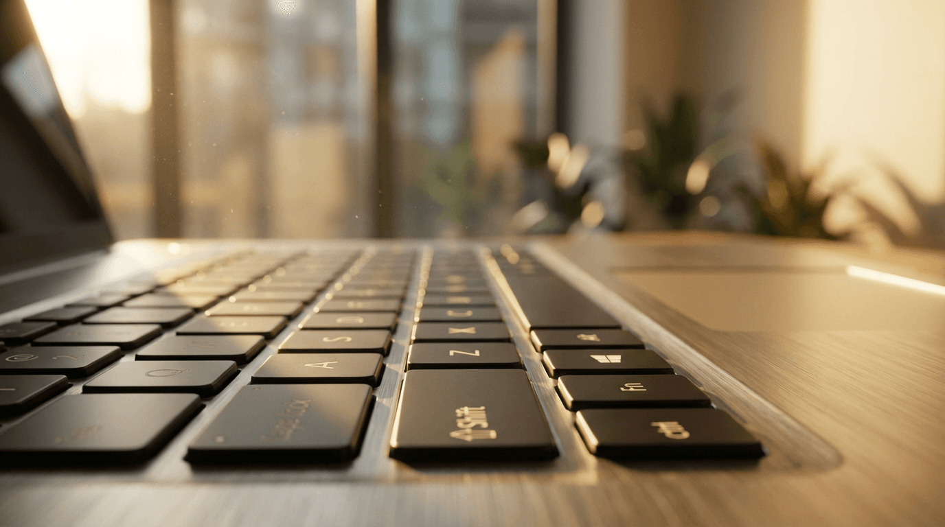 Person typing on a laptop keyboard with blue screen glow