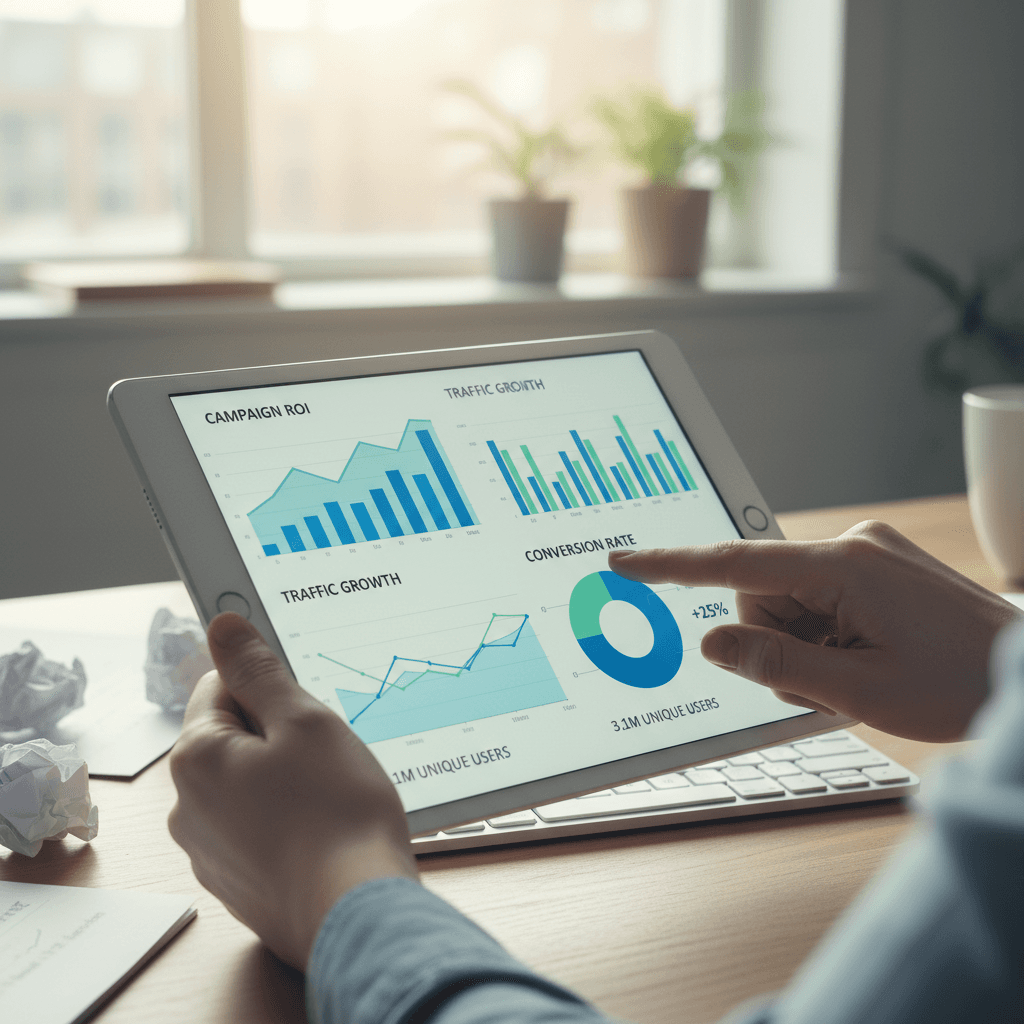 Hands reviewing analytics on a tablet during a strategy meeting
