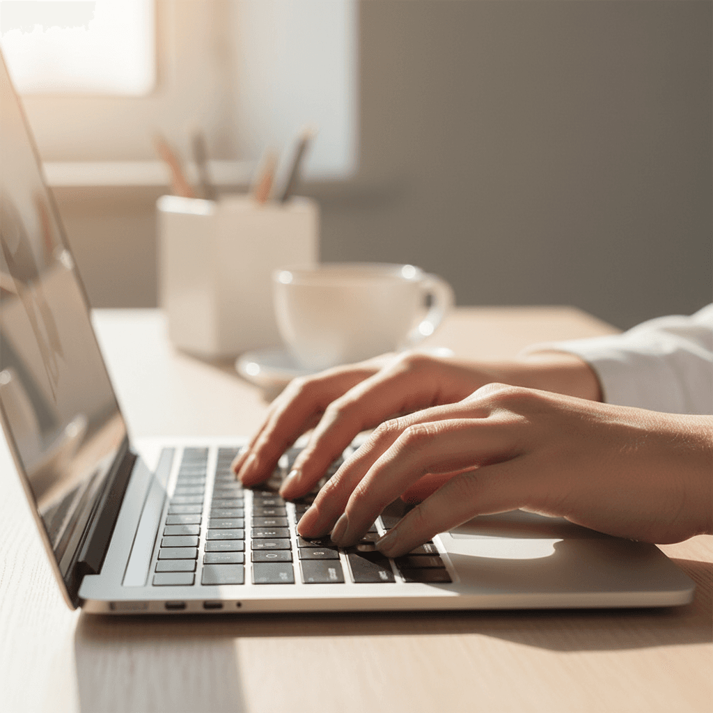 Hands typing on a laptop with coffee cup nearby in warm sunlight