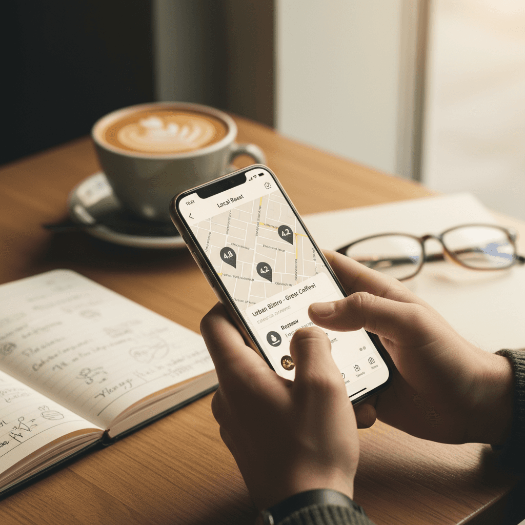 Hand holding smartphone showing a local search results page with map pack in a coffee shop