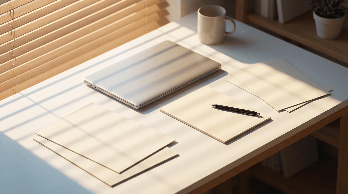 Desk with a printed marketing report and tablet showing a growth chart