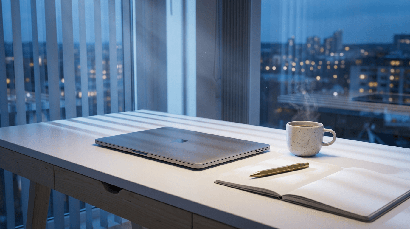 Minimalist desk with glowing laptop and scattered notes in dim blue light