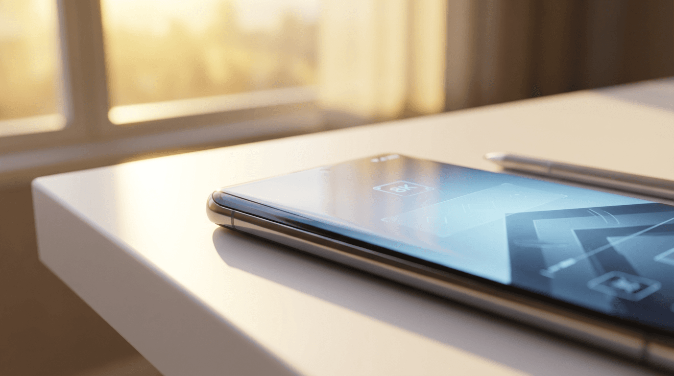 Open envelope and smartphone showing an email inbox on a marble surface