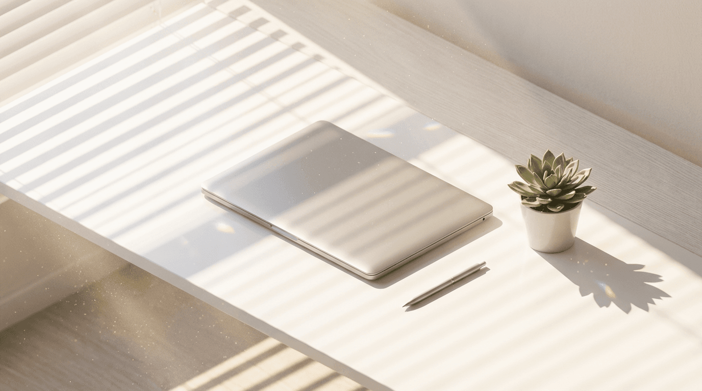 Overhead view of a smartphone with a notification, notebook, and small plant on a white desk