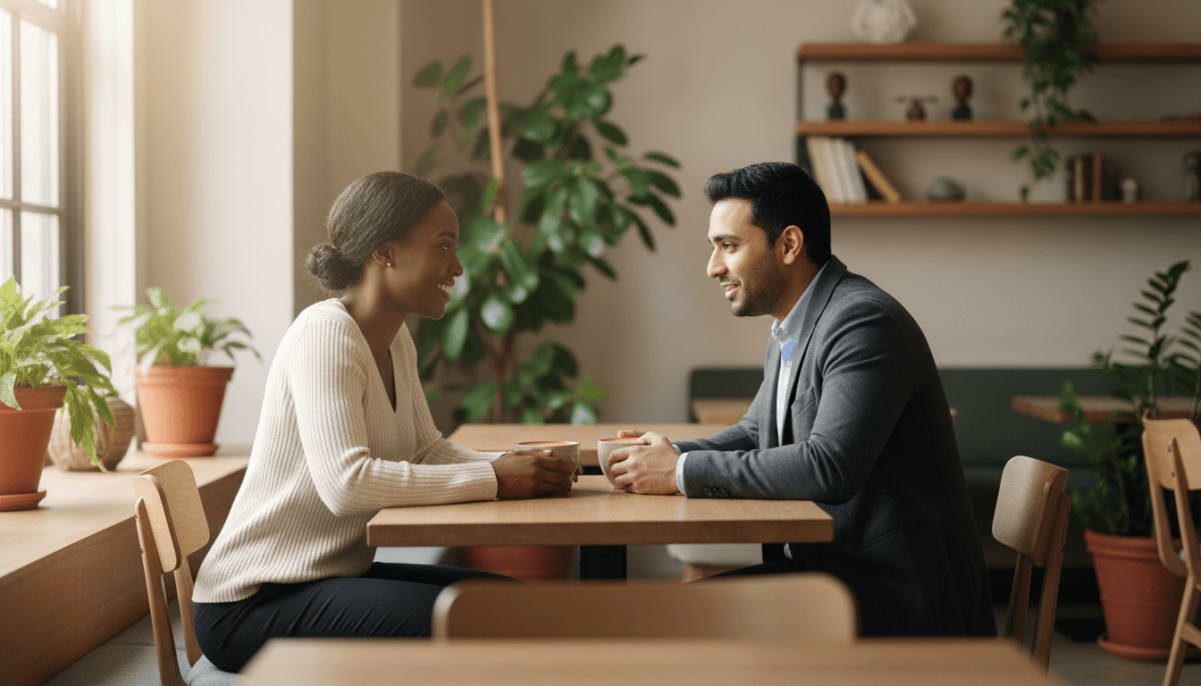 Two people having a strategy meeting over coffee in a bright cafe