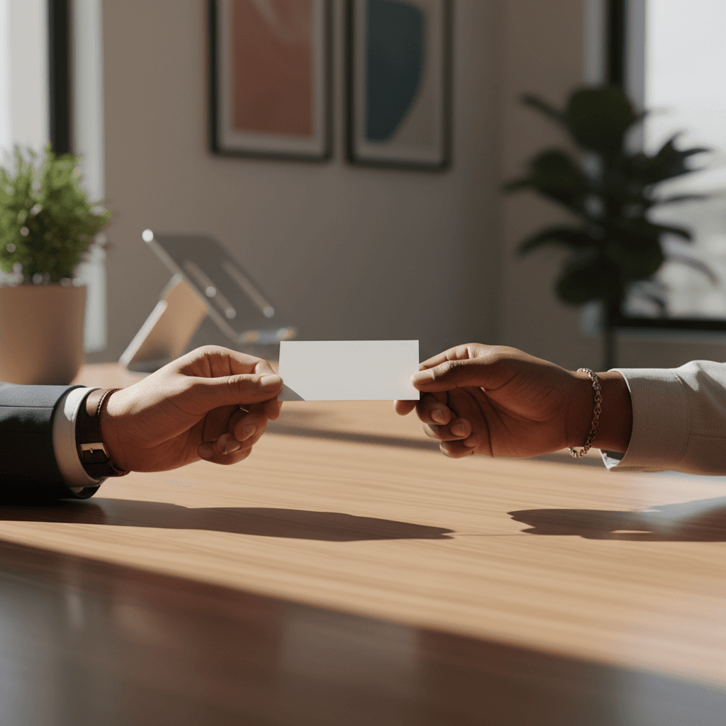 Hands exchanging a business card on a modern desk