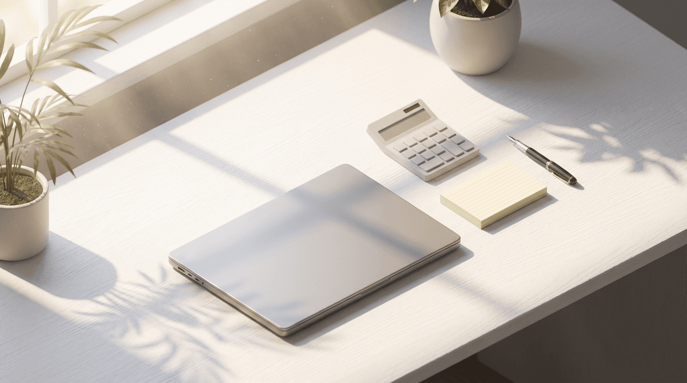 Flat lay of a calculator, bills, pen, and smartphone showing an ad dashboard on a wooden desk