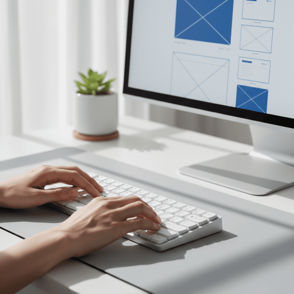 Workspace with monitor showing a website wireframe, keyboard, and scattered design notes