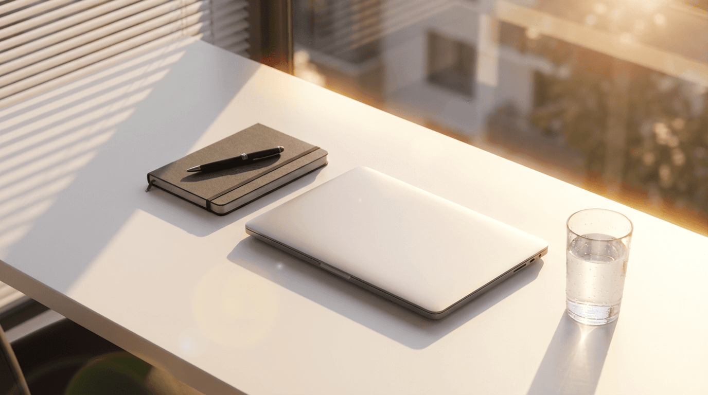 Laptop screen showing an upward trending chart with soft blue light reflecting on the desk