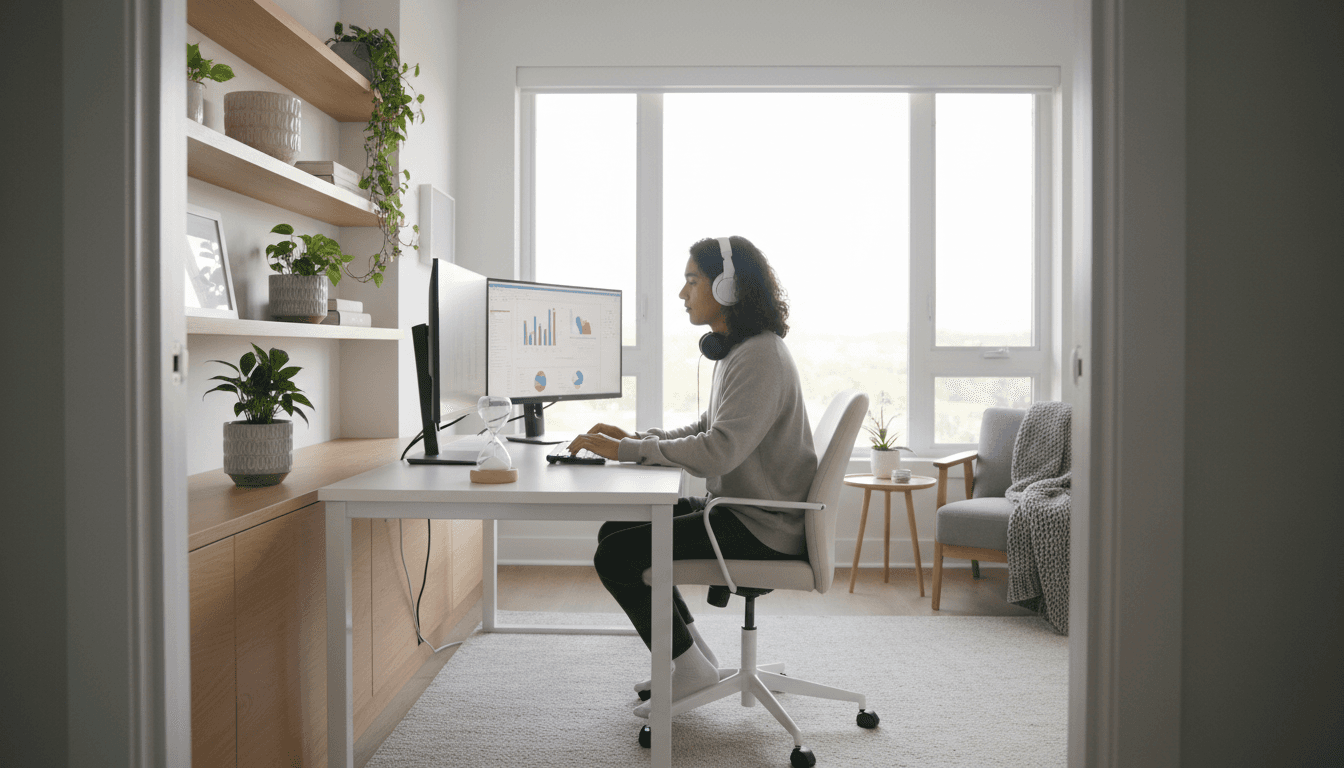 Minimalist home office desk with white monitor and plants in soft natural light