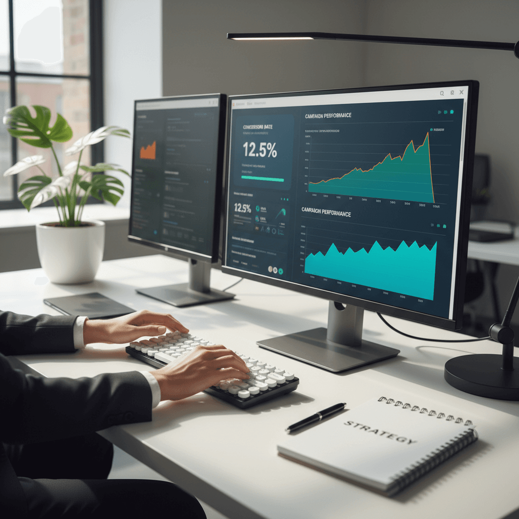 Marketing strategist pointing at a real-time campaign metrics dashboard