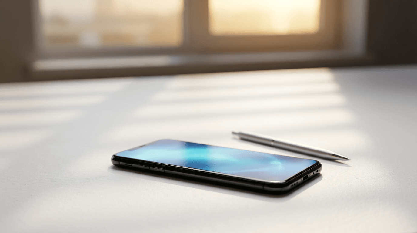 Hand holding smartphone showing upward-trending analytics chart
