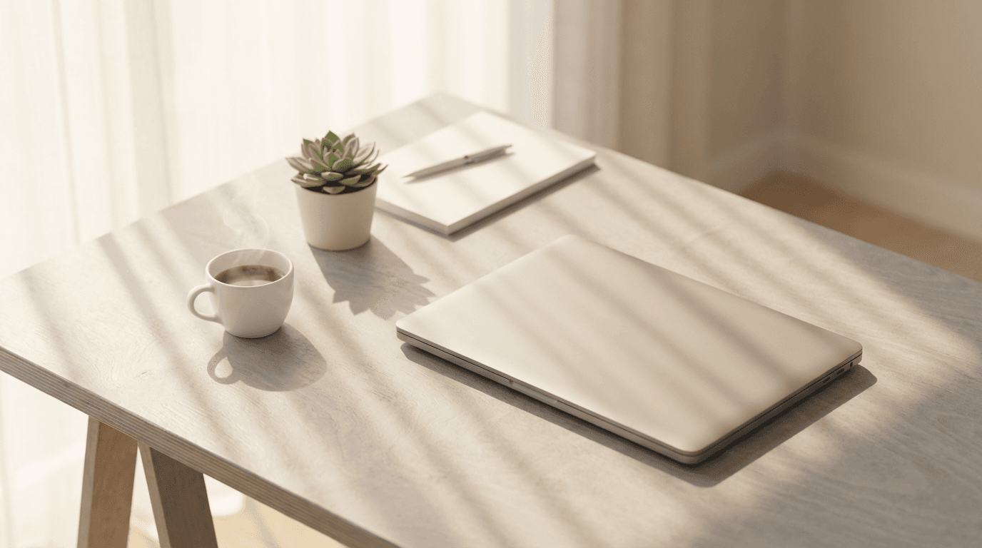 Minimal desk setup with an open laptop and notebook in a quiet modern office space