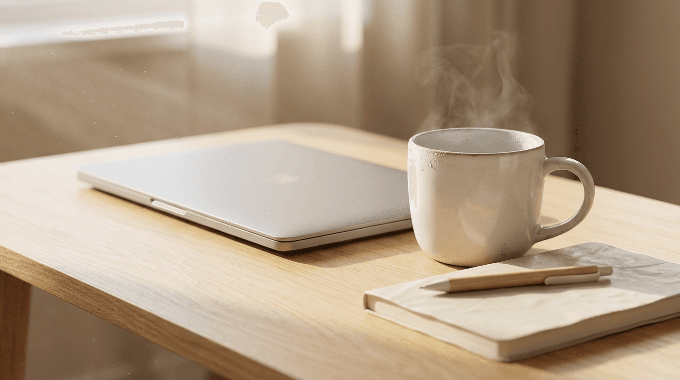 Close-up of a coffee mug on a paper document with charts and handwritten notes, dimly lit